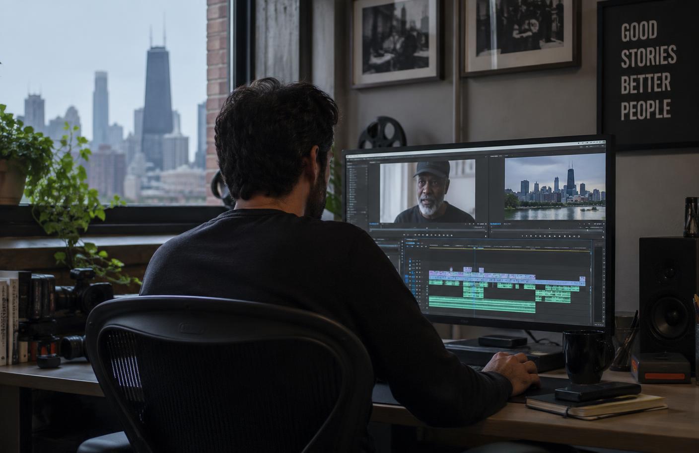 A filmmaker reviewing interview footage in a Chicago editing room
