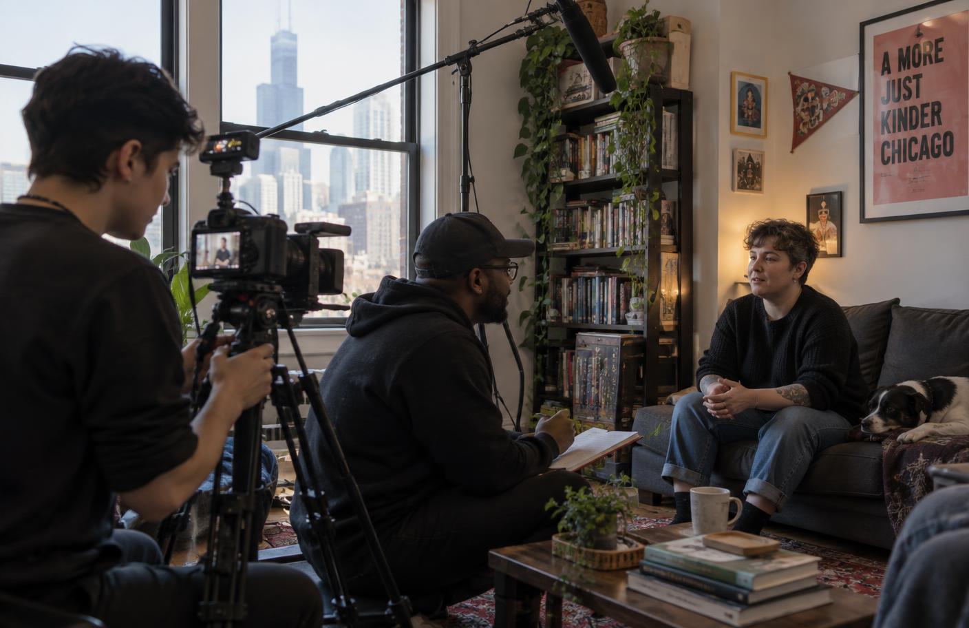 An independent documentary crew preparing an interview in a Chicago apartment