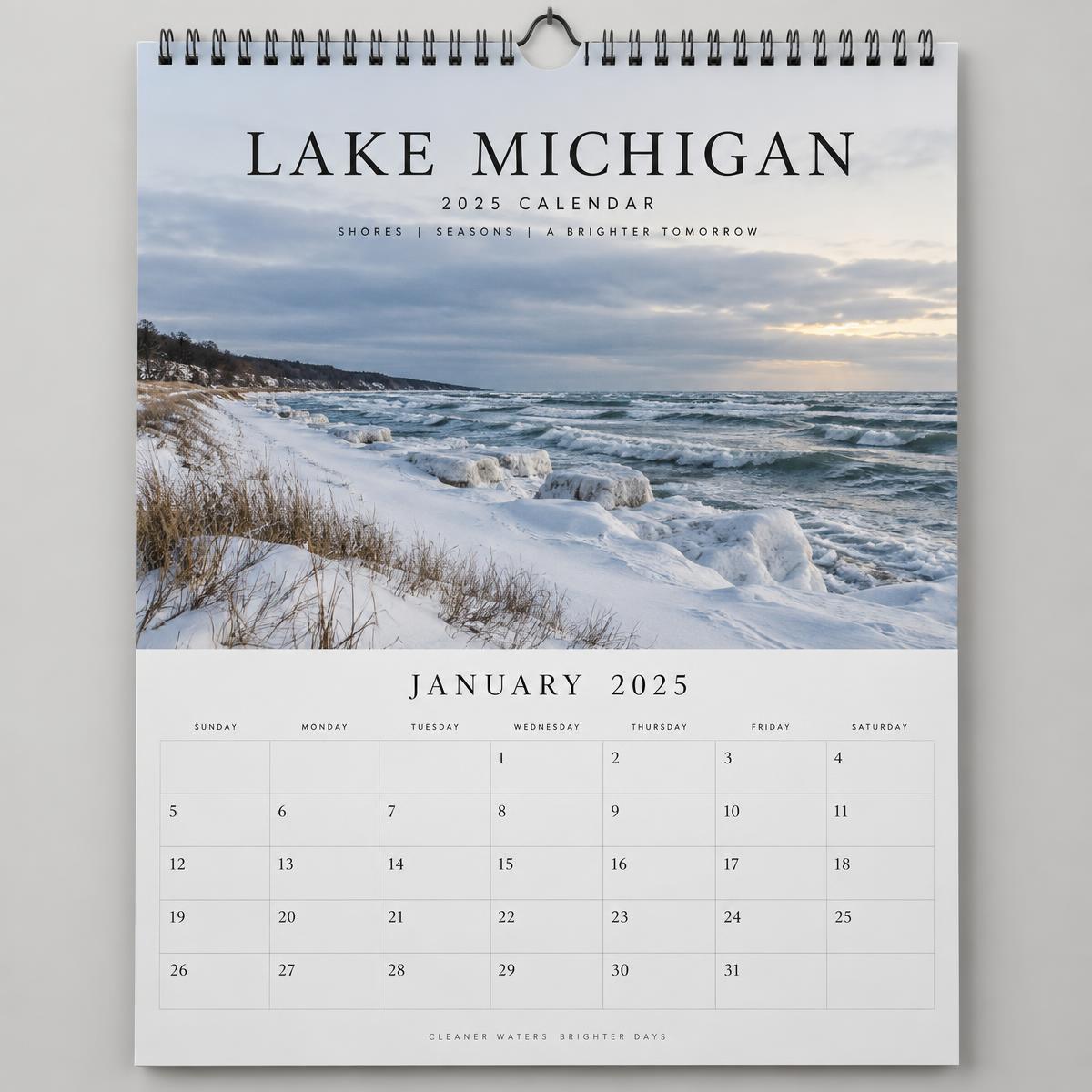 Lake Michigan wall calendar with a winter shoreline photograph