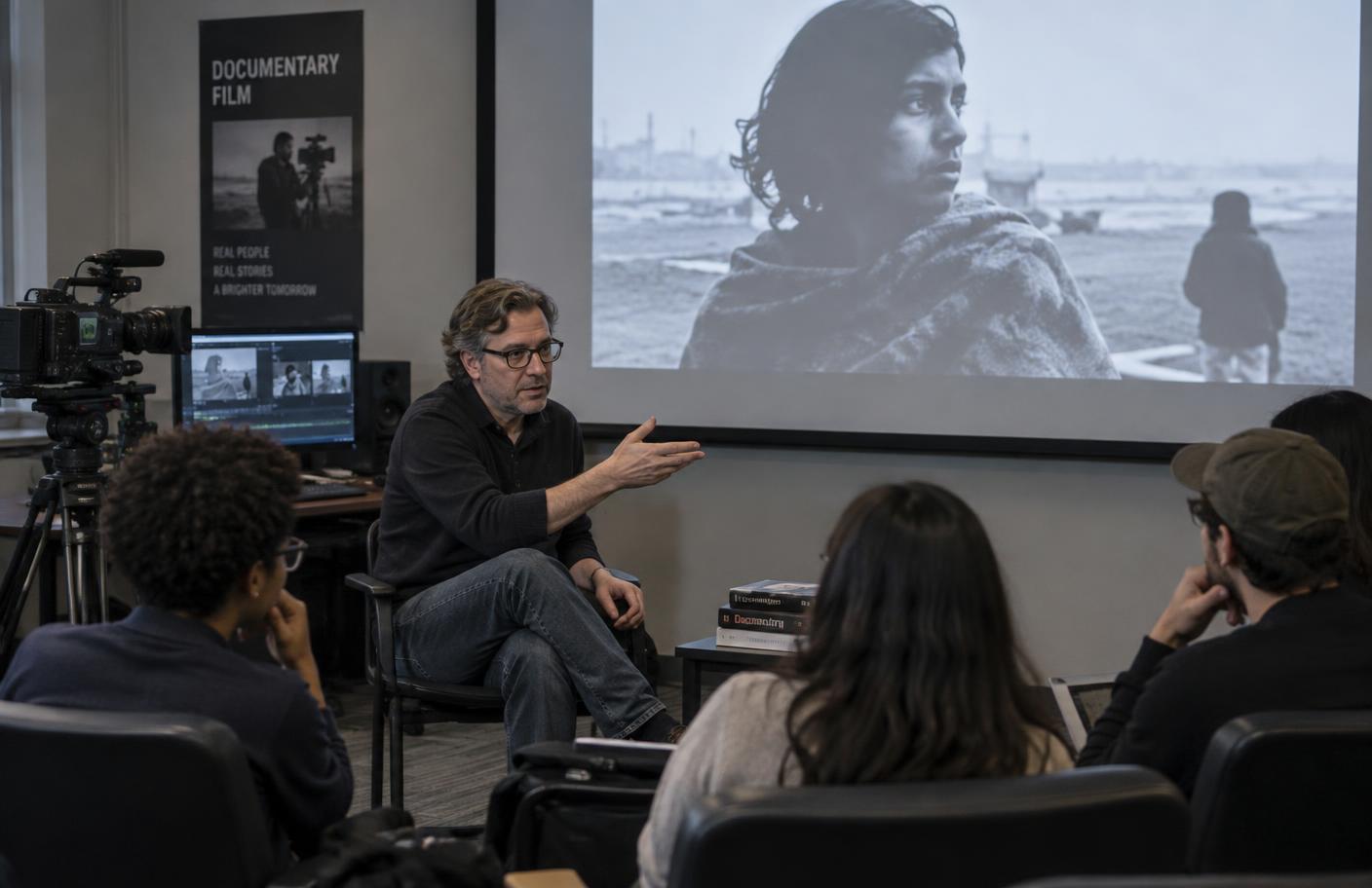 A documentary filmmaker discussing a projected film with graduate students
